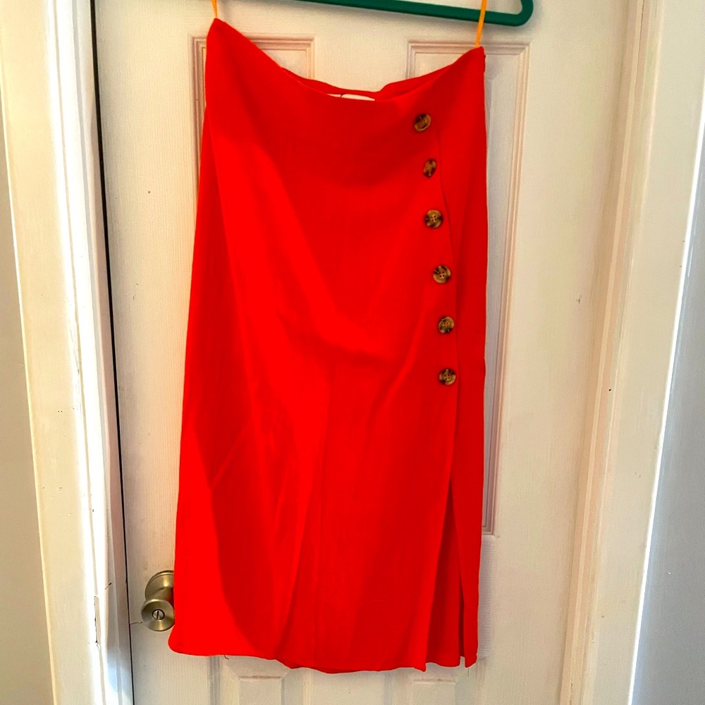 Hello molly Orange high waisted midi linen skirt with side slit - size small